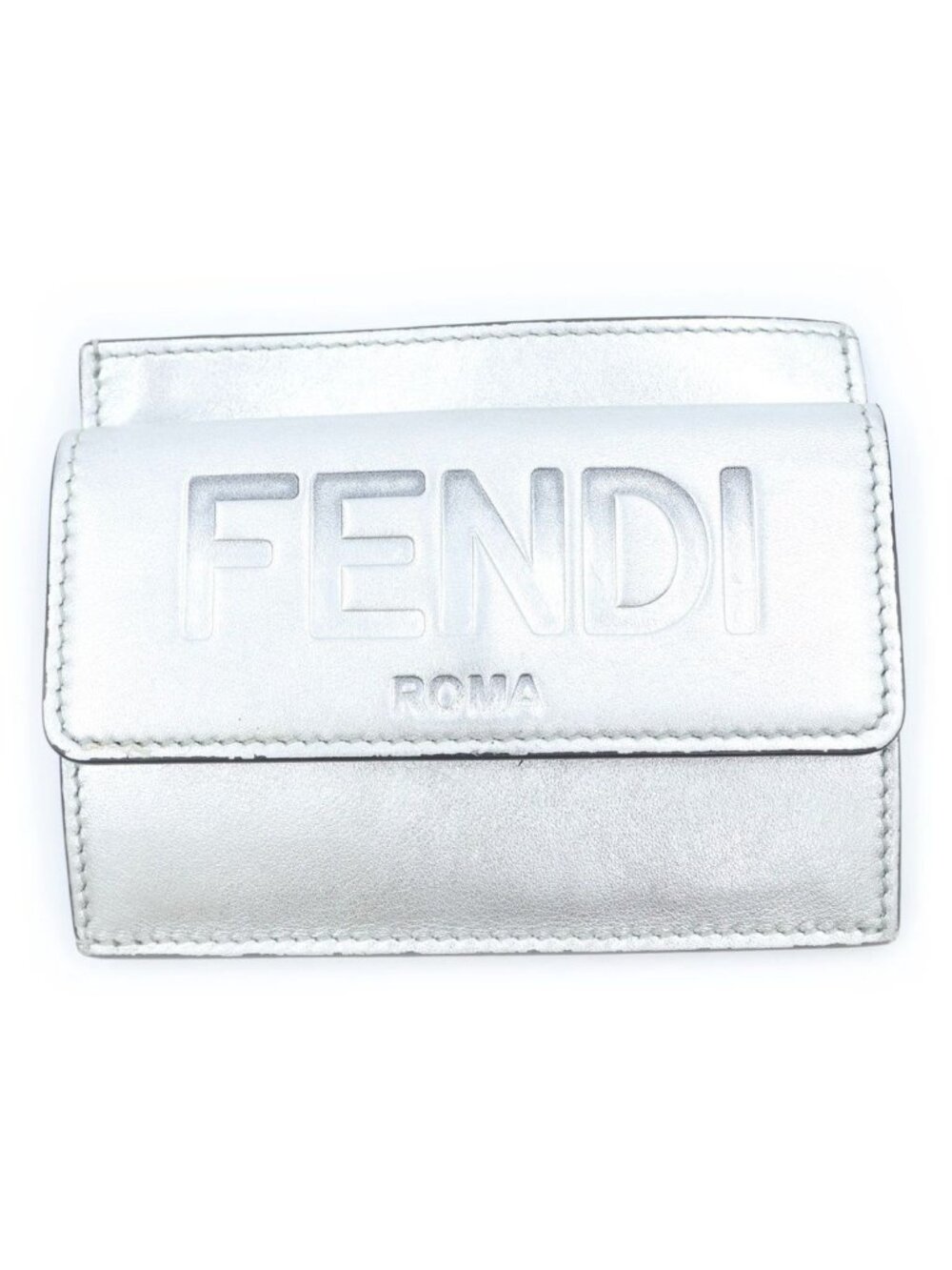 Fendi Logo Embossed Coin Leather Card Case Silver